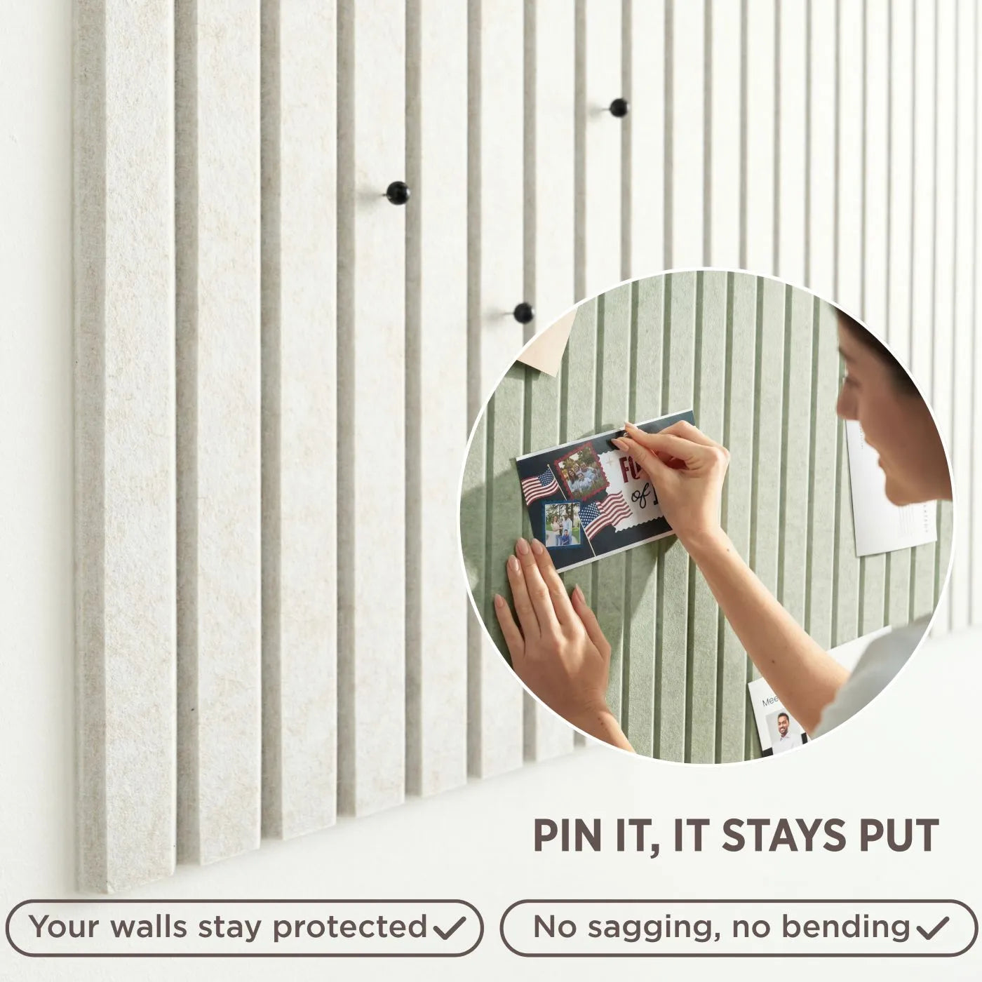Close-up of felt bulletin board tiles with push pins holding postcards — pin stays put, wall protected