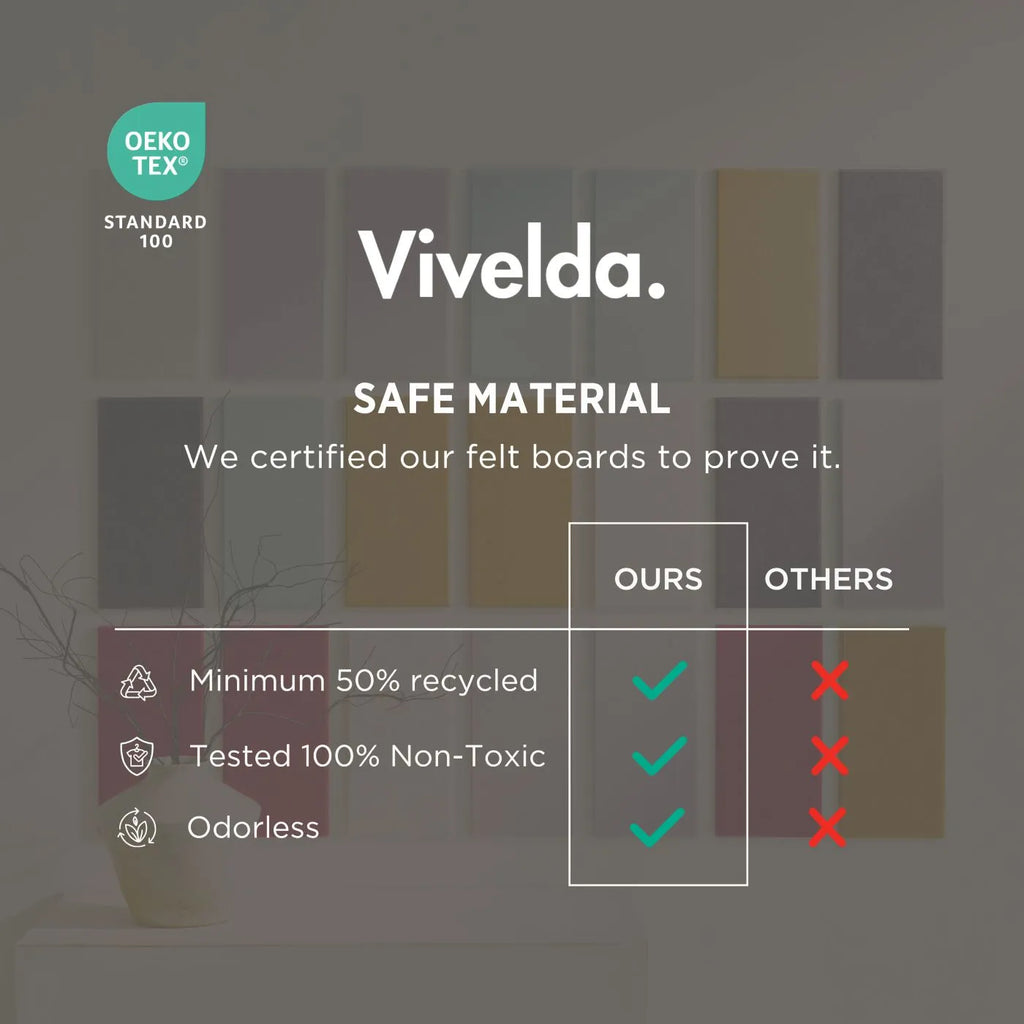 OEKO-TEX certified felt bulletin board tiles — 50% recycled non-toxic odorless safe material comparison - better than cork board