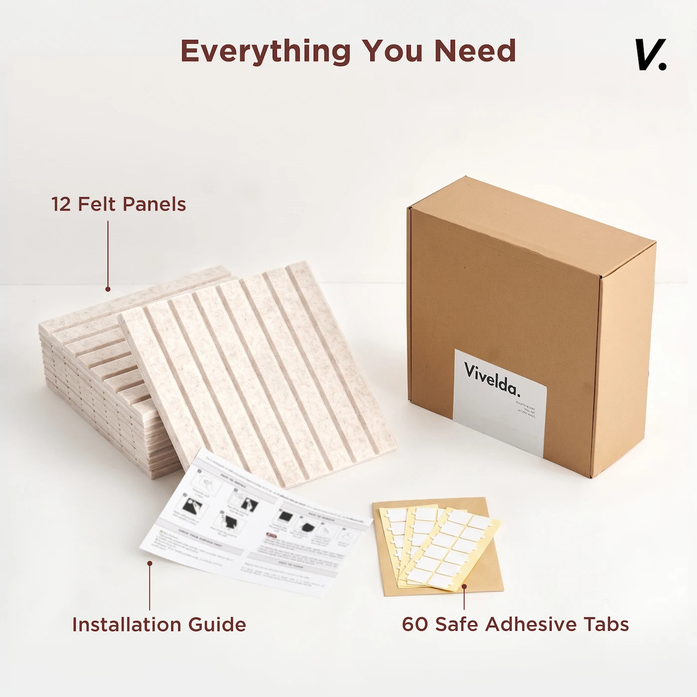 Vivelda felt bulletin board tile dimensions 11.8x11.8 inch — 12 tiles 12 sq ft 60 adhesive tabs included