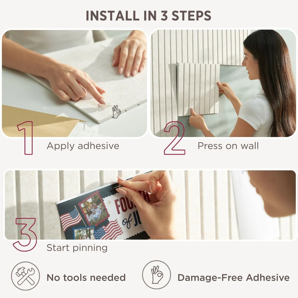Install felt bulletin board wall tiles in 3 steps — apply adhesive, press on wall, start pinning